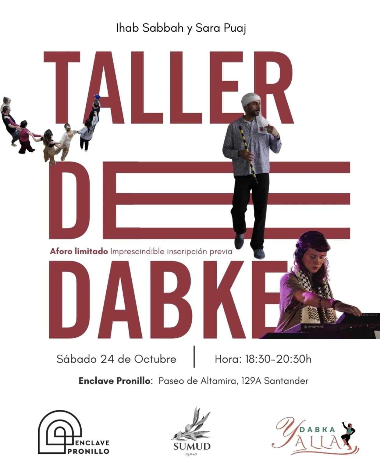 Taller de Dabke poster with Ihab Sabbah and Sara Puaj, announcing 24 October at Enclave Pronillo in Santander