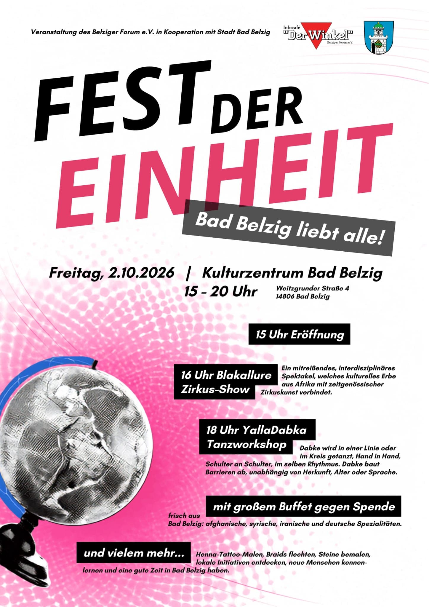 Event poster for Fest der Einheit on 2 October 2026 at Kulturzentrum Bad Belzig, 15:00–20:00, with the YallaDabka dance workshop at 18:00.