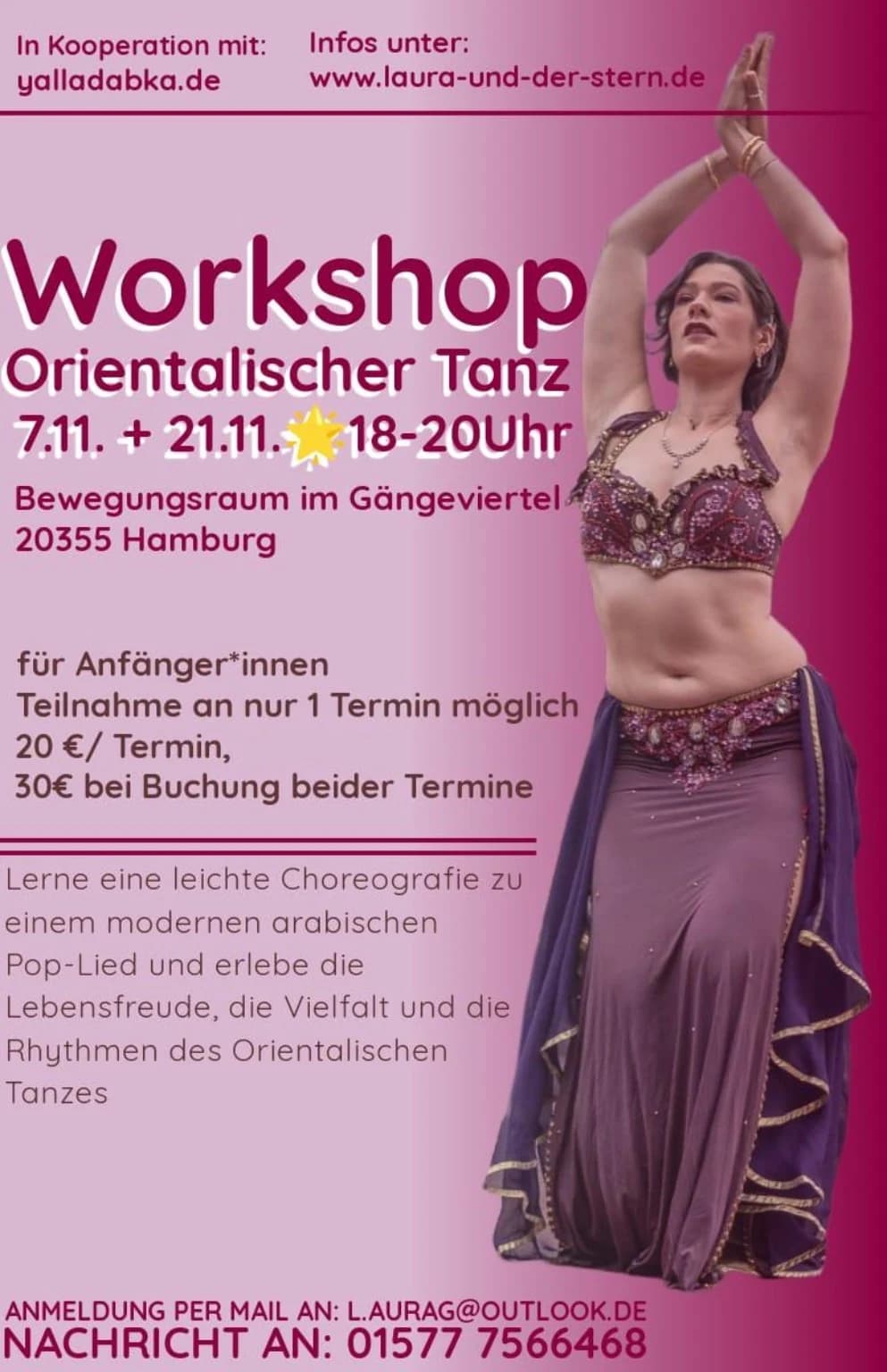 Pinkes Plakat zum Workshop Orientalischer Tanz mit Laura am 7. und 21. November, jeweils 18:00–20:00 Uhr, im Gängeviertel Hamburg